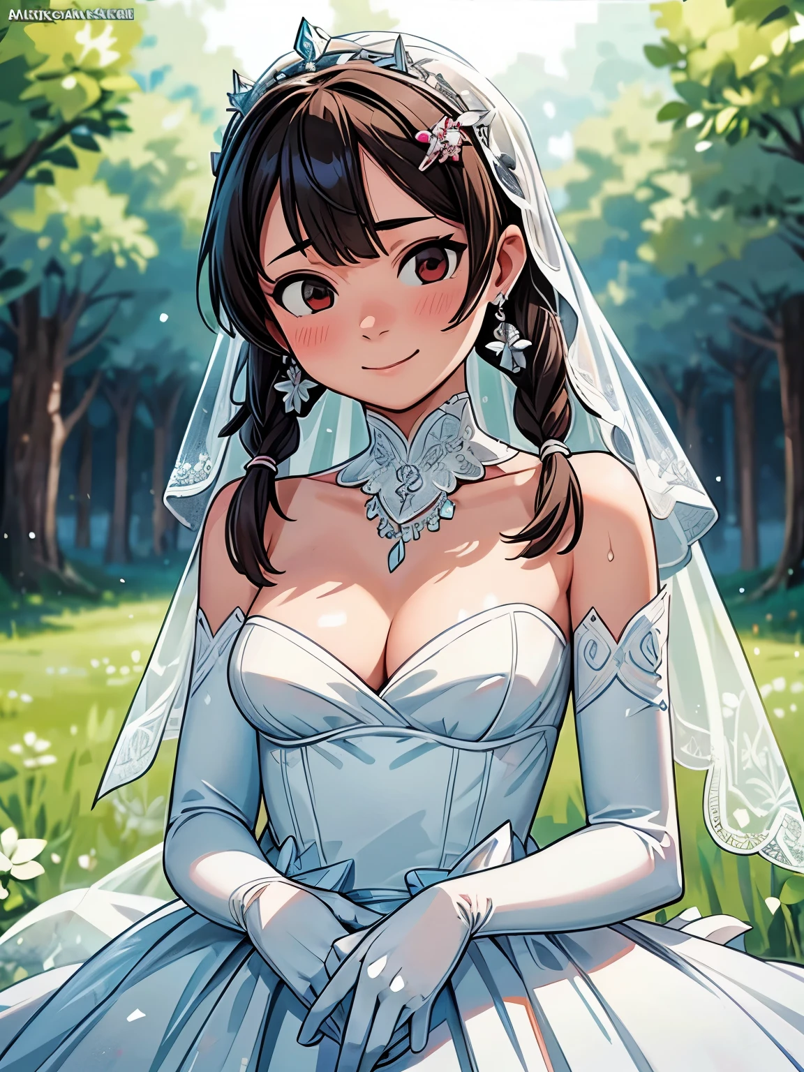 (masterpiece、最high quality、最high quality、Official Art、Beautiful and beautiful:1.2)、(One girl:1.3)Hatsune Miku、Twin tails,Big Breasts,makoto nijima, Blunt bangs, Braiding, Brown Hair, crown Braiding, Red eyes ,Earrings ,lipstick, eye shadow, compensate, Hair between the eyes, Ahoge, hair ornaments, gloves, dress, Cleavage, Exposing shoulders, clavicle, white oprea gloves, white gloves, white dress, Strapless, White choker, tiara, Veil, Strapless dress, wedding dress, bridal Veil, Beautiful woman, Perfect body, Perfect breasts, wearing a wedding dress, Ball Gown, Park trees々among, Wedding decorations, Looking at the audience, smile, realism, masterpiece, Textured skin, Super detailed, High detail, high quality, 最high quality, 1080p, 