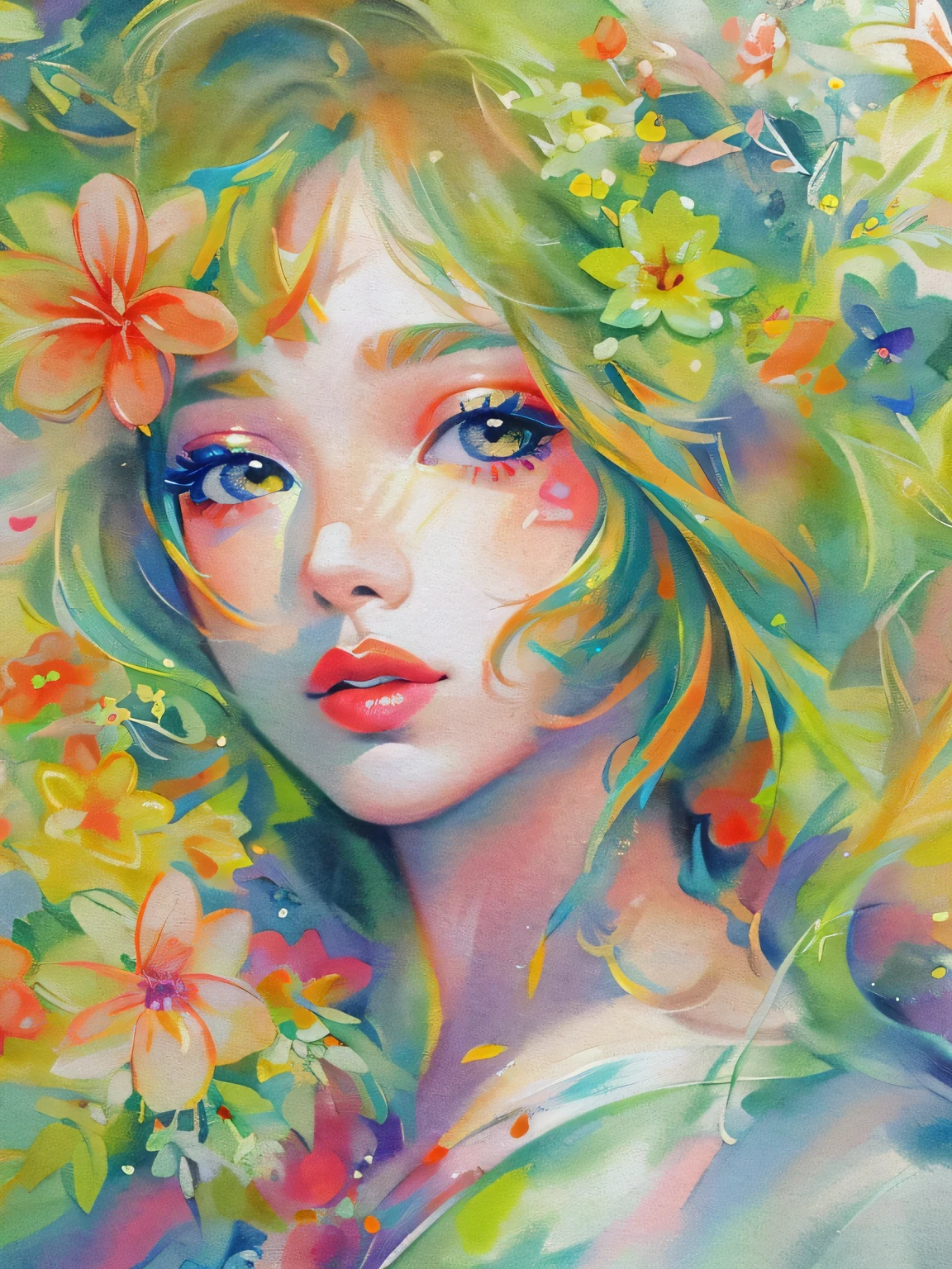 Mai Yoneyama style、(((stylish fashion))), 8K Quality、Intense watercolor, Detailed watercolor art, Watercolor splash, Surreal, avant-garde pop art, Beautiful and expressive paintings, Beautiful artwork illustration, Very colorful tones, wonderful, Cool beauty, highest quality、Official Art, Vector art, Stylish design, (((The most beautiful girl))), (((highest quality))), HDR, ((detailed)), (((Doodle Art)), ((masterpiece)), ((Super detailed)), (((Colorful flowers))),(((Stylish))), Lips in Love
