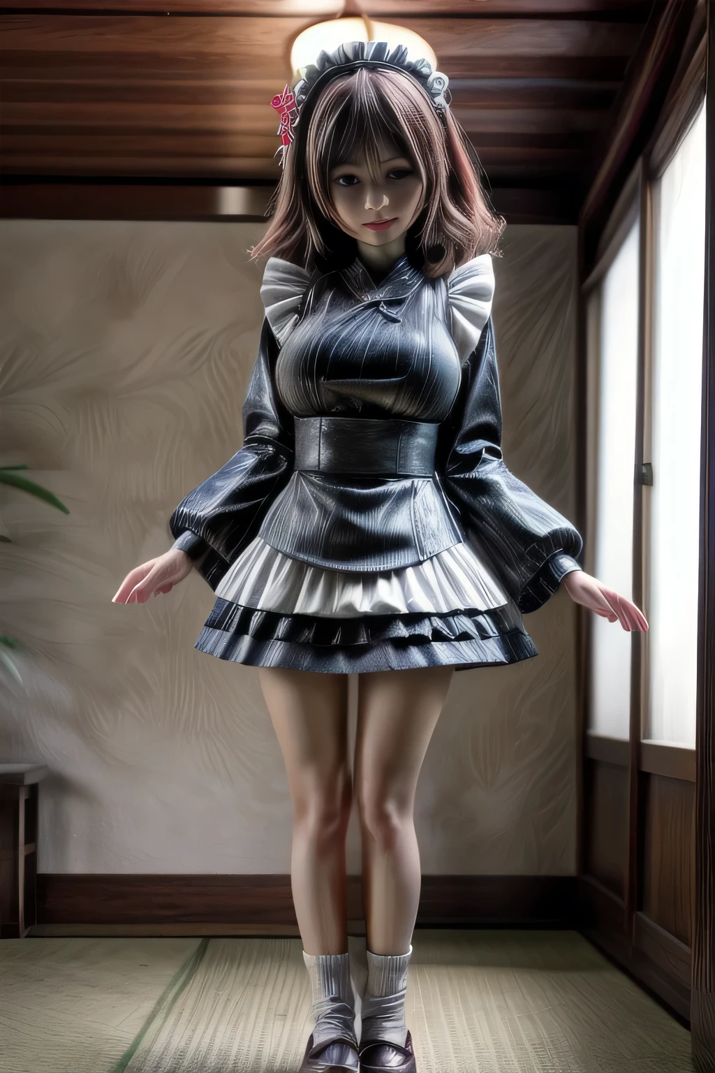 japanese milf wearing long sleeve mini skirt Maid Outfit, standing, full body shot