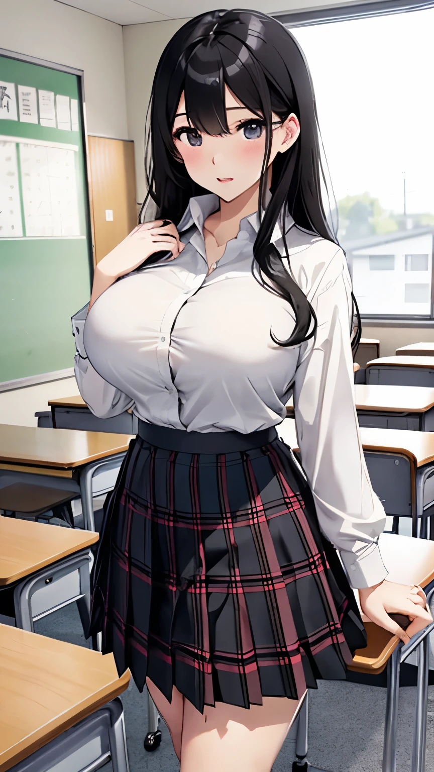 high school girl、beautiful girl、Black Hair、Big breasted body type、Neat 、White shirt、Checkered pleated skirt、Flushed Cheeks、Glossy lips、Sigh、Functional、Immoral、Japanese high school classroom、Skirt flip、White neat panties