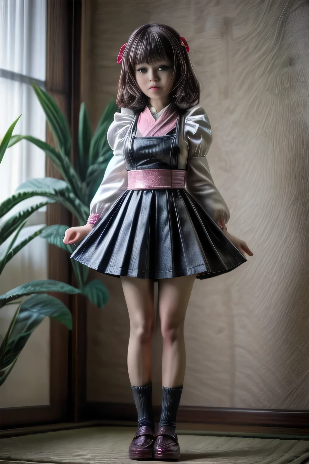 japanese milf wearing long sleeve micro skirt Maid Outfit, standing, full body shot