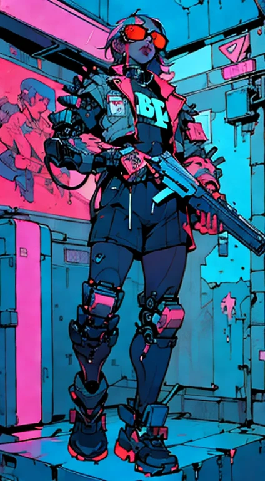 perfect proportions, anatomically correct, (head to toe: 2.0), (full body image: 2.0), solo, extremely stylized, deviant art, masterpiece, highly detailed, detailed eyes, expressive detailed eyes, detailed pupils, futuristic, ((wearing sunglasses)), ((holding a gun)), (cybernetic arms:1.4), big boots, entire body image, full body shot,  tassels, large beads, (large tassels), cyberpunk, inkpunk, paint platter, ink splatter, (action pose:1.0), ((neon punk))