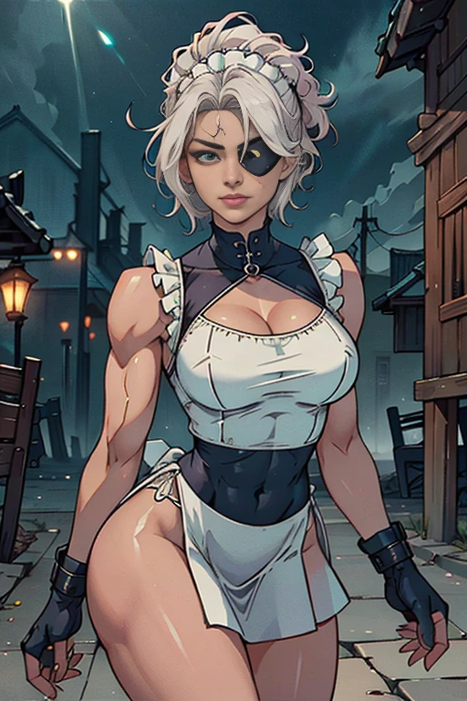 Maid clothesを着た美しいサイボーグの女性兵士、Short white hair、Muscular、Six Pack Abs、（(White ruffled apron、mini skirt、Maid clothes：1.9)）、Facial blemishes、Eye patch、（Engage in a gunfight with space gangsters：1.5）、Smirking expression、Dynamic configuration、detailed、Photorealistic、8k、High resolution、超detailed、Cinematic lighting、Dramatic colors、SF、Concept Art