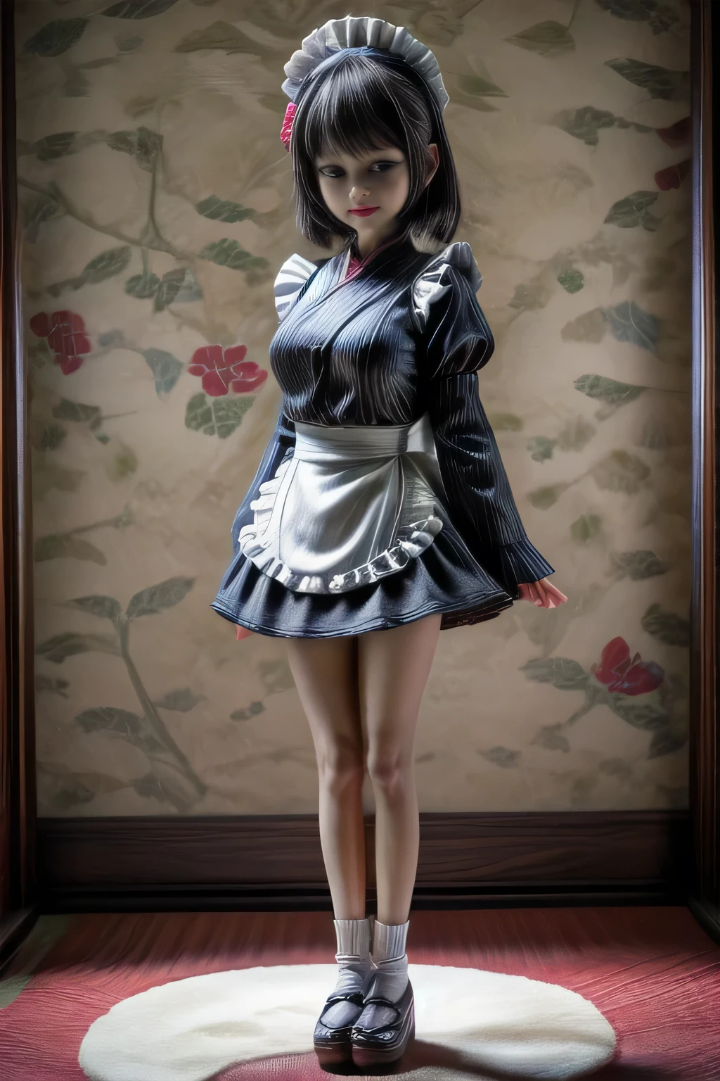 japanese milf wearing long sleeve micro skirt Maid Outfit, standing, full body shot