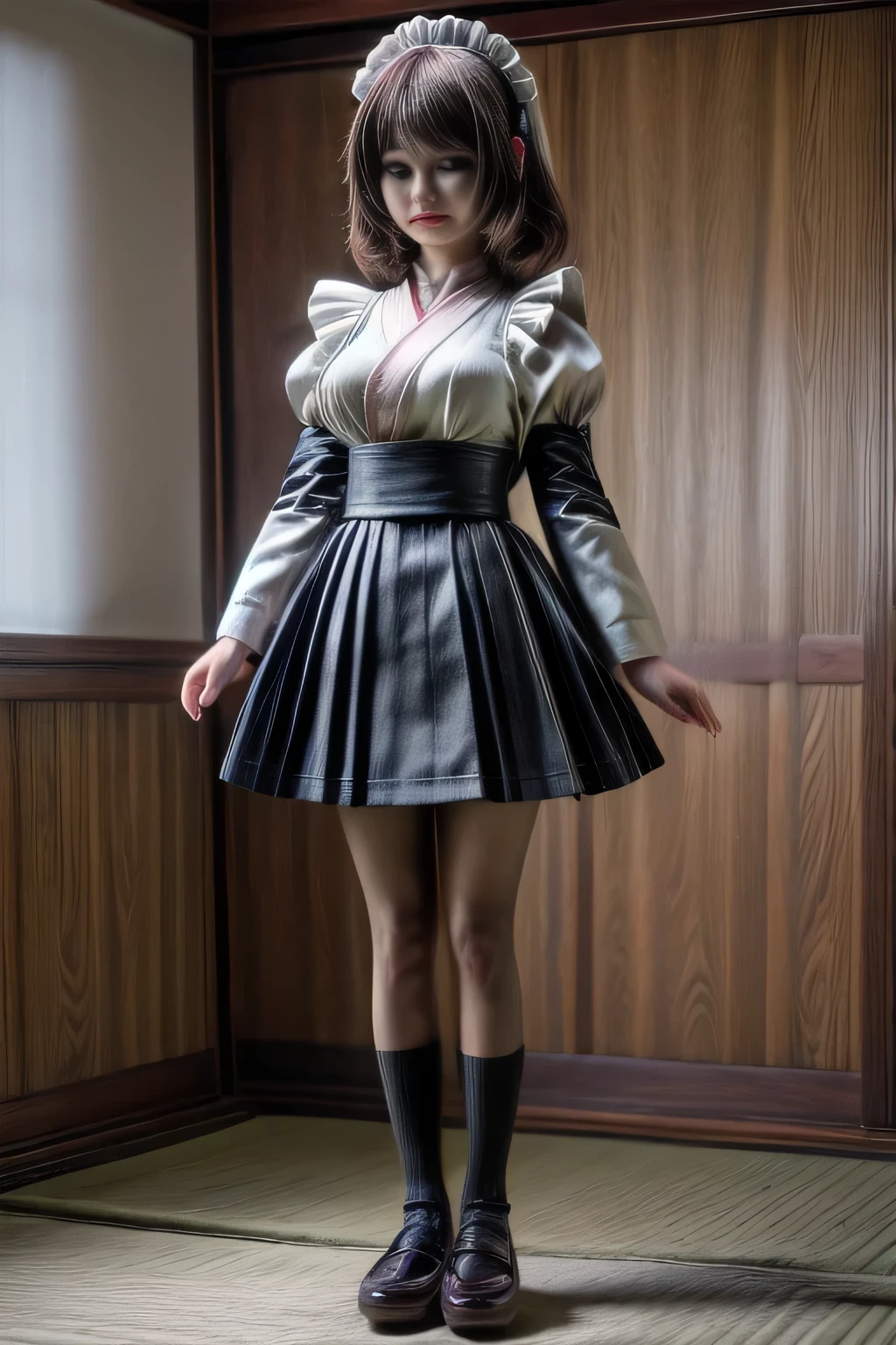 japanese milf wearing long sleeve micro skirt Maid Outfit, standing, full body shot