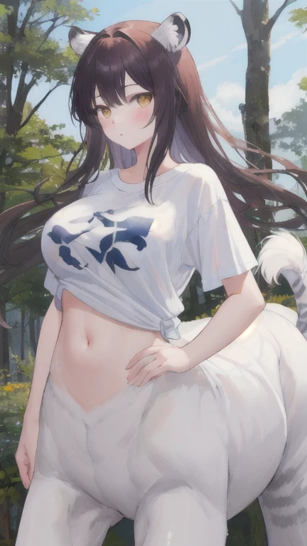 (best quality, masterpiece), 1 girl, centaur, It takes, hunting ,belly button t-shirt, 아름다운 소녀 perfect white tiger photo, perfect white tiger photo