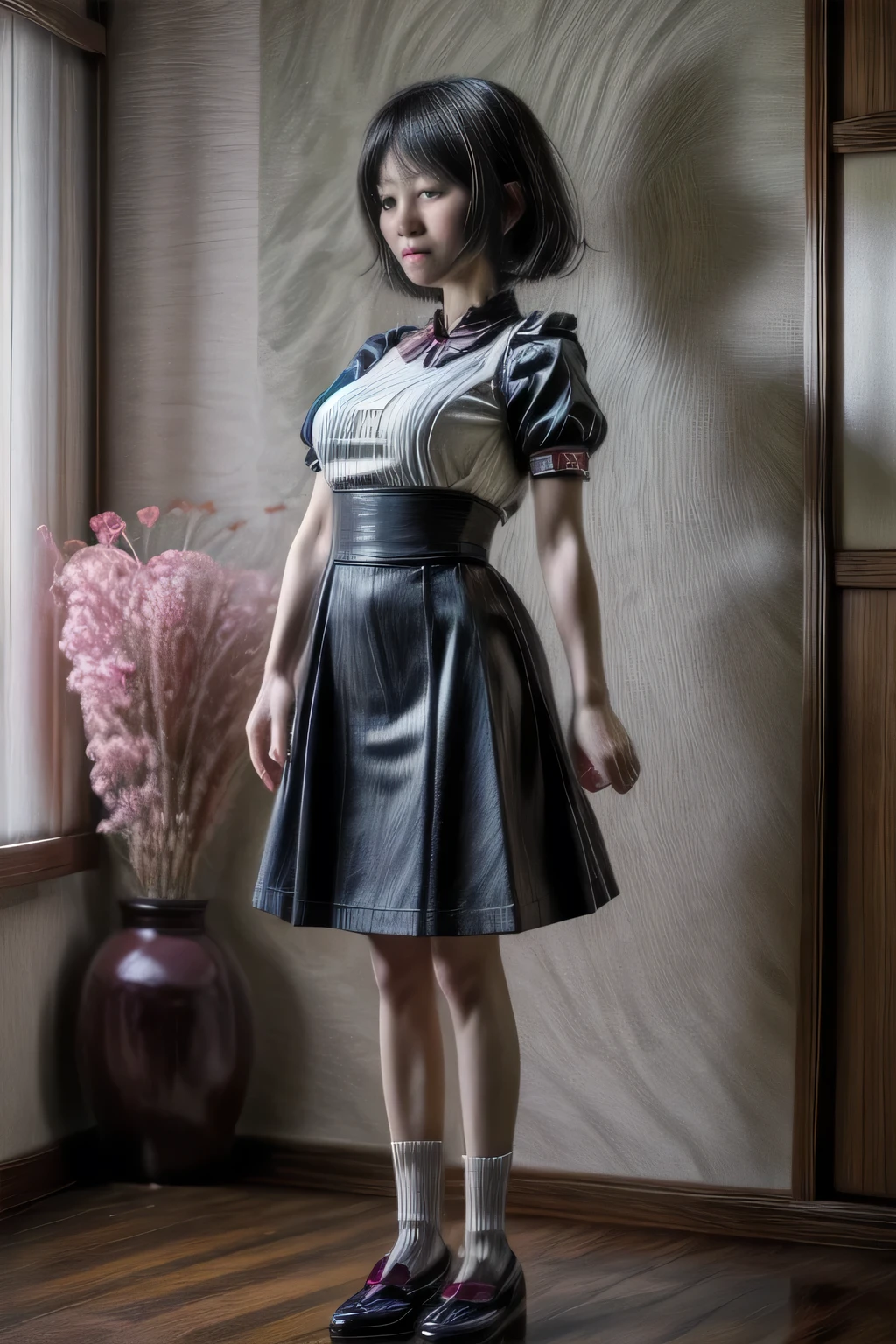 japanese milf wearing short sleeve long skirt Maid Outfit, standing, full body shot