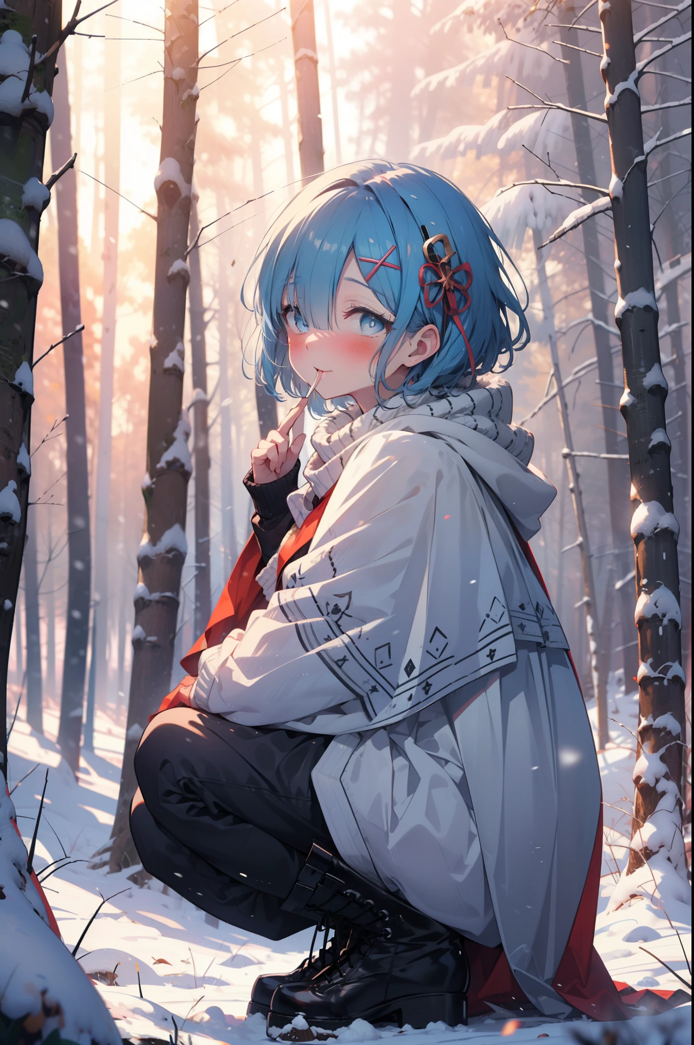 rezeroRem, Rem, blue eyes, Blue Hair, hair ornaments, Hair in one eye, Hair Ribbon, short hair, x hair ornaments,smile,blush,White Breath,
Open your mouth,snow,Ground bonfire, Outdoor, boots, snowing, From the side, wood, suitcase, Cape, Blurred, forest, White handbag, nature,  Squat, Mouth closed, Cape, winter, Written boundary depth, Black shoes, red Cape break looking at viewer, Upper Body, whole body, break Outdoor, forest, nature, break (masterpiece:1.2), highest quality, High resolution, unity 8k wallpaper, (shape:0.8), (Beautiful and beautiful eyes:1.6), Highly detailed face, Perfect lighting, Extremely detailed CG, (Perfect hands, Perfect Anatomy),