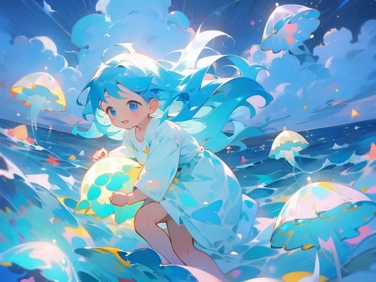 In the sea、Girl floating with jellyfish。fluffy。The overall color is light blue