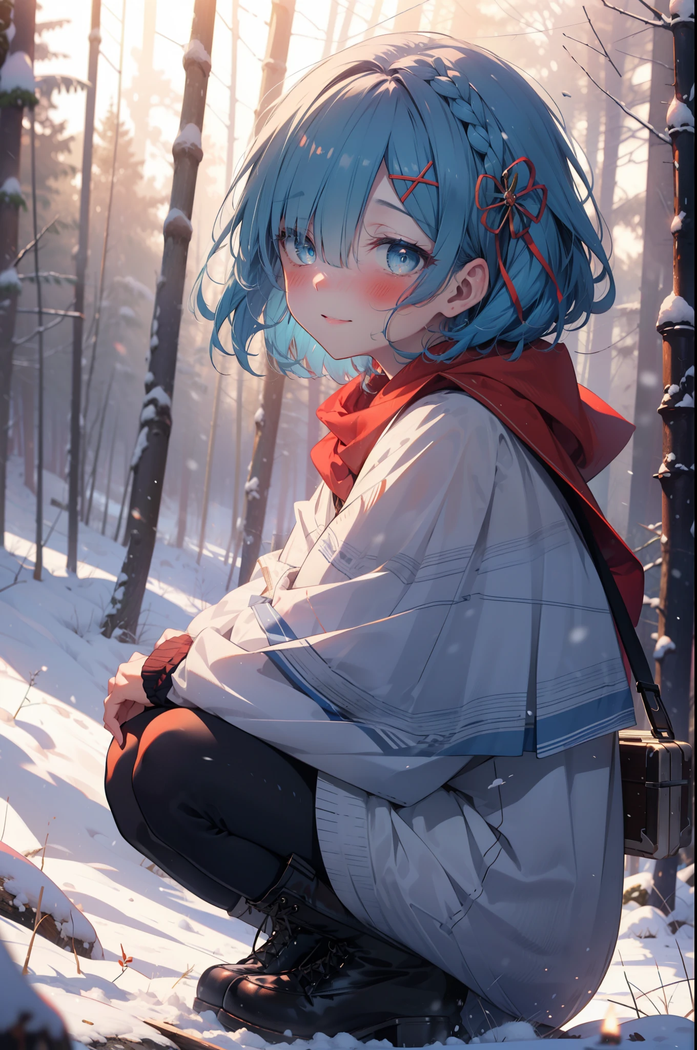 rezeroRem, Rem, blue eyes, Blue Hair, hair ornaments, Hair in one eye, Hair Ribbon, short hair, x hair ornaments,smile,blush,White Breath,
Open your mouth,snow,Ground bonfire, Outdoor, boots, snowing, From the side, wood, suitcase, Cape, Blurred, forest, White handbag, nature,  Squat, Mouth closed, Cape, winter, Written boundary depth, Black shoes, red Cape break looking at viewer, Upper Body, whole body, break Outdoor, forest, nature, break (masterpiece:1.2), highest quality, High resolution, unity 8k wallpaper, (shape:0.8), (Beautiful and beautiful eyes:1.6), Highly detailed face, Perfect lighting, Extremely detailed CG, (Perfect hands, Perfect Anatomy),