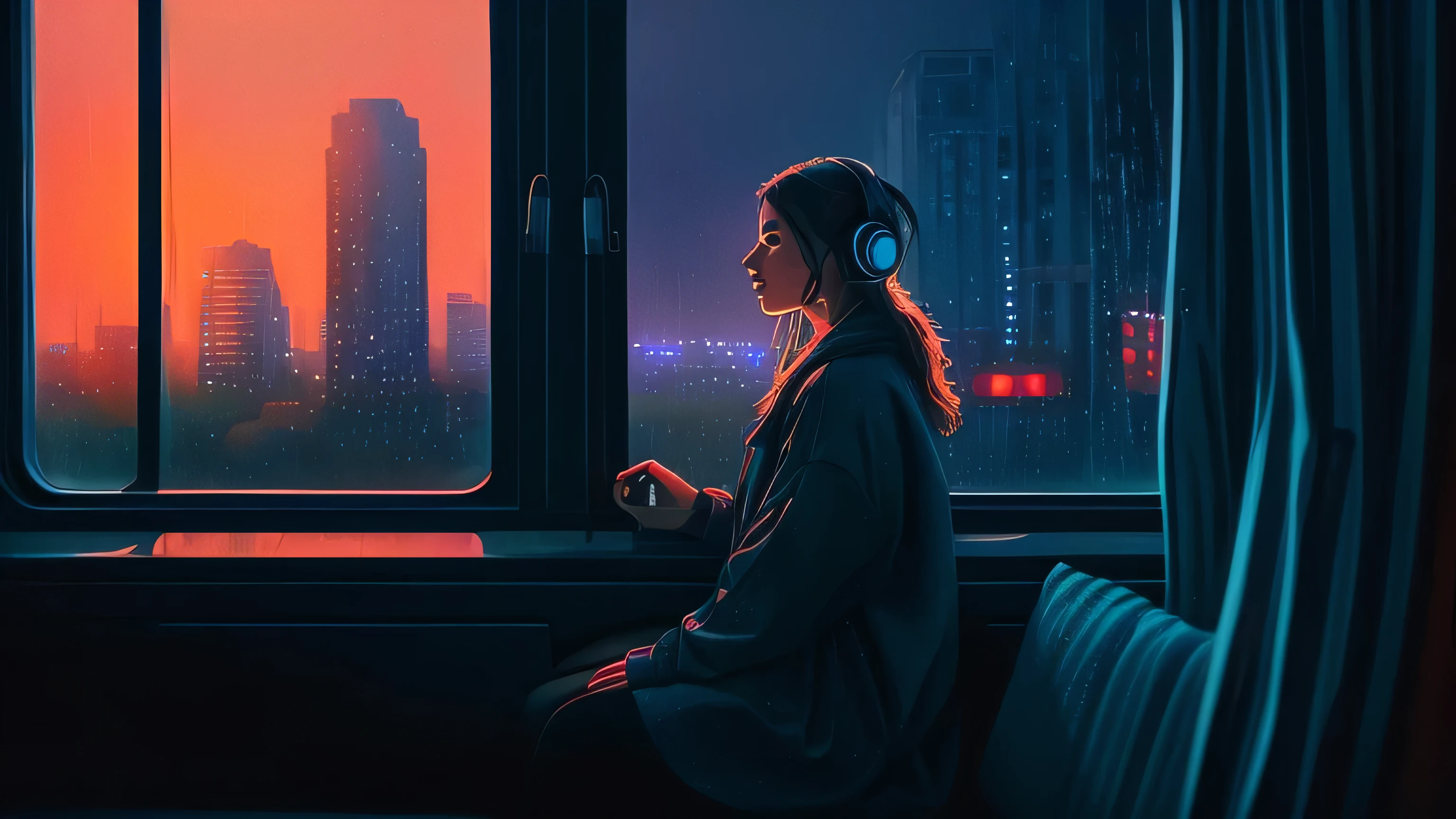a woman sitting on a coach in front of a window cityscape, wearing headphones, a digital painting inspired by Alena Aenami, pixiv, realism, rainy night. digital illustration, blurred and dreamy illustration, blues, blurry and dreamy illustration, artistic. lo-fi illustration style, sunrise