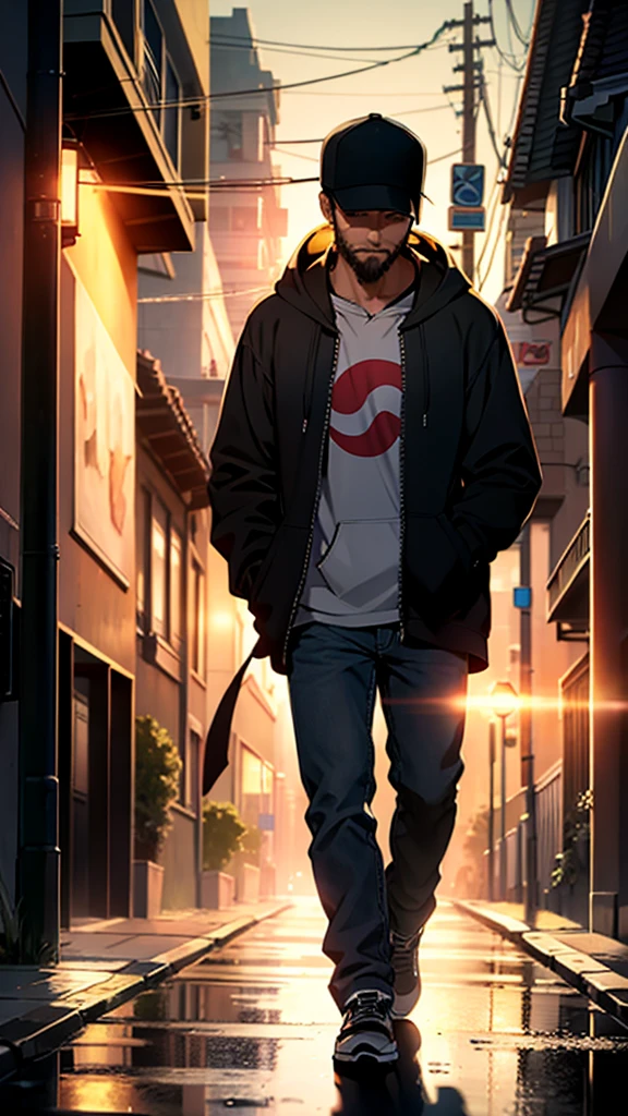 A heartbroken man walks down the sidewalk in the night rain, wearing baseball hat, short beard, Wearing hoodie,hold cigarates in his hand, Headlights illuminating at the nihgt the roadway shine on him, casting a large shadow on the wall of a building. (Best quality), (masterpiece:1.3), ultra-detailed, sharp shadows, great detail, depth of field, super detailed background, out-of-focus look