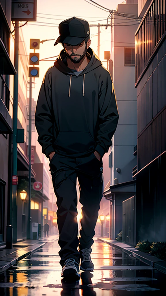 A heartbroken man walks down the sidewalk in the night rain, wearing baseball hat, short beard, Wearing hoodie,hold cigarates in his hand, Headlights illuminating at the nihgt the roadway shine on him, casting a large shadow on the wall of a building. (Best quality), (masterpiece:1.3), ultra-detailed, sharp shadows, great detail, depth of field, super detailed background, out-of-focus look
