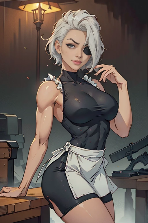 Maid clothesを着た美しいサイボーグの女性兵士、Short white hair、Muscular、Six Pack Abs、((White ruffled apron、mini skirt、Maid clothes:1.9))、Facial blemishes、Eye patch、(Engage in a gunfight with space gangsters:1.5)、Smirking expression、Dynamic configuration、detailed、Photorealistic、8k、High resolution、超detailed、Cinematic lighting、Dramatic colors、SF、Concept Art