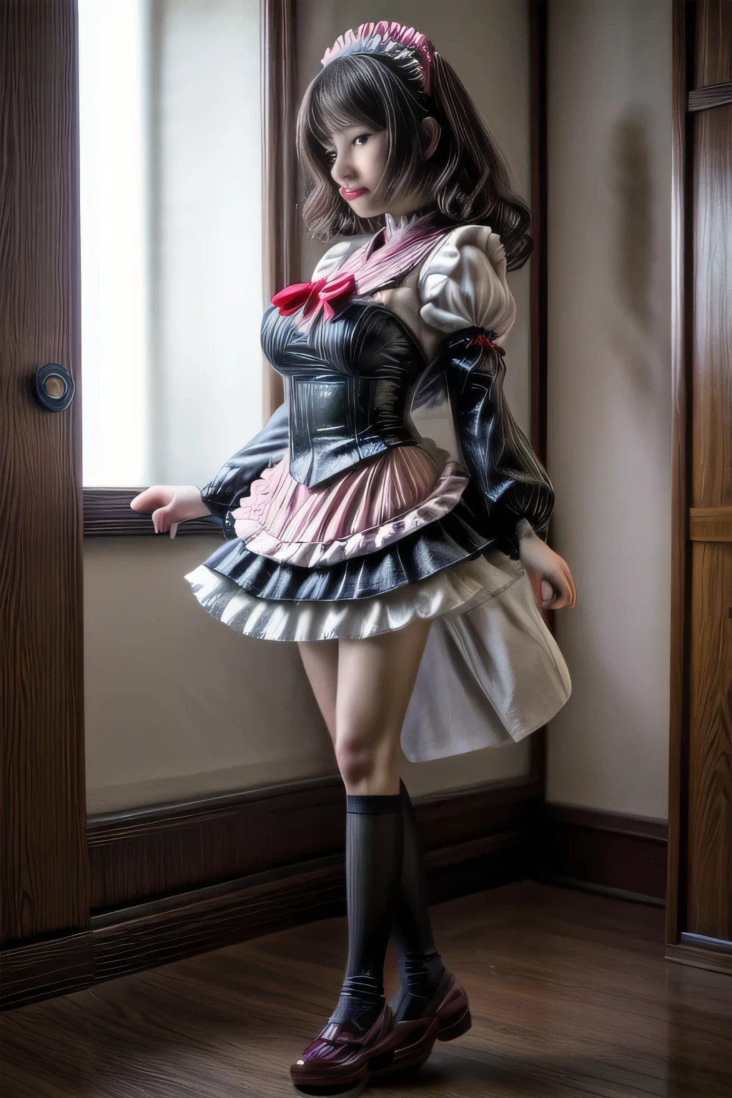 japanese milf wearing shot sleeve middle skirt Maid Outfit, standing, full body shot