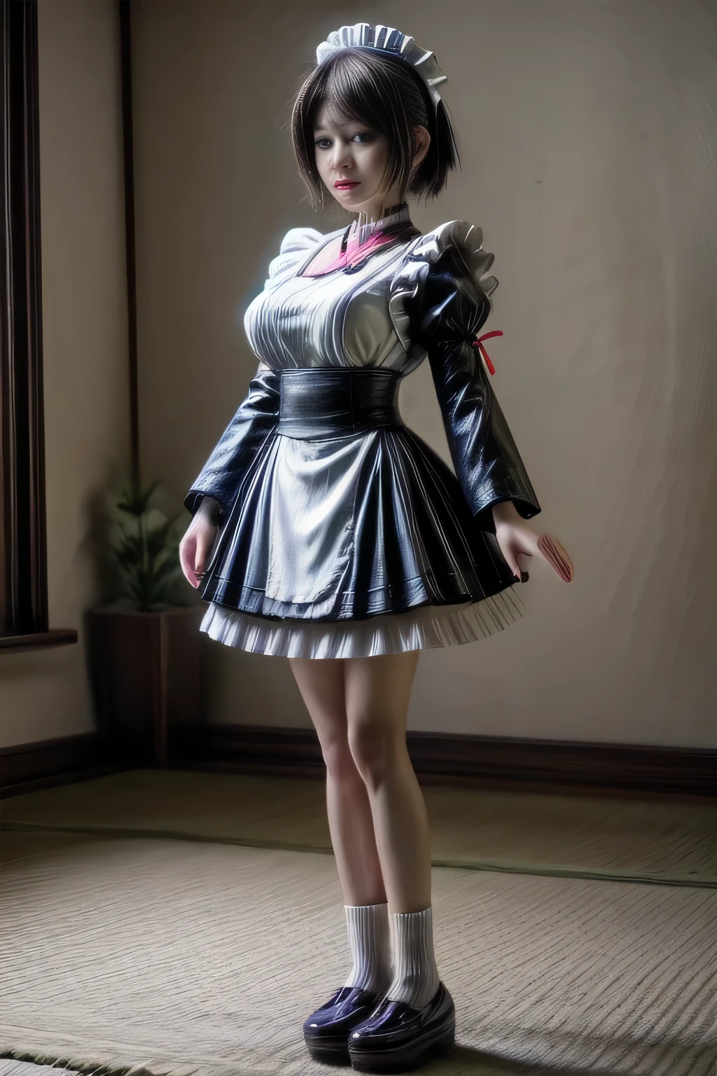 japanese milf wearing shot sleeve middle skirt Maid Outfit, standing, full body shot