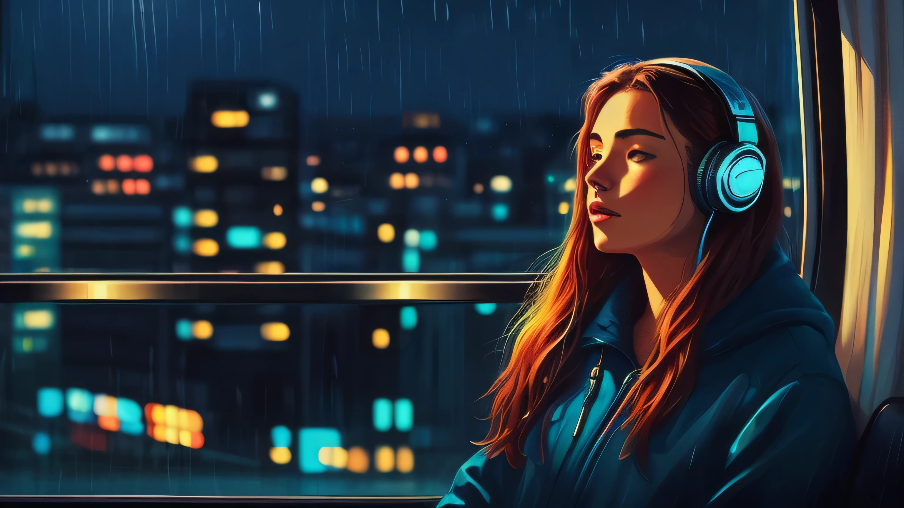 a woman sitting on a coach in front of a window cityscape, wearing headphones, a digital painting inspired by Alena Aenami, pixiv, realism, rainy night. digital illustration, blurred and dreamy illustration, blues, blurry and dreamy illustration, artistic. lo-fi illustration style, sunrise