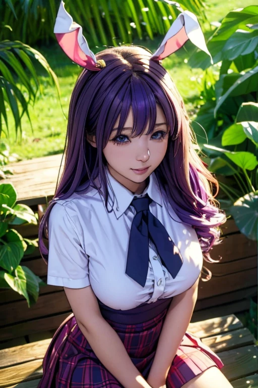 sit in tropical rainforest , steam , waistband of skirt is at the point above chest , plaid skirt , pleated skirt , Tight shirt , white Shirt , school girl , skirt under breasts , skirt is near breasts area , skirt is adjacent to the chest , (masterpiece, best quality, hires, high resolution:1.2, 4k, 8k , high quality), extremely detailed, realistic, intricate details, highres, 1girl, solo, ( , thick thighs, wide hips), arched back,(cinematic lighting, sunlight, perfect lighting, backlighting), eye-level shot, extreme close-up-shot, looking at viewer, , green skirt nakano_yotsuba_ecsta, blue eyes, orange hair, hair ribbon, nakano yotsuba , twin tails hair, green ribbon, hair between eyes , masterpiece, best quality, 1girl,smile,reisen udongein inaba, purple hair,very , twin tails long hair, rabbit ears, red eyes,black jacket,pink skirt,necktie,