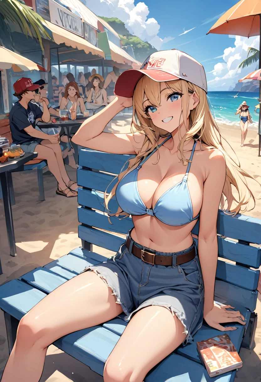 "Relaxed young woman smiling、Enjoying the sunny beach atmosphere。,Sitting on a blue bench、Drink in hand. She is wearing a blue bikini top and loose jeans with the belt removed.,Convey a laid-back atmosphere. In her head「C」A baseball cap with the word ",Enjoying the warmth of the sun and the gentle breeze. The surrounding area is crowded with other tourists and beach umbrellas.,Capturing the essence of a laid-back day at the beach.",Large Breasts,