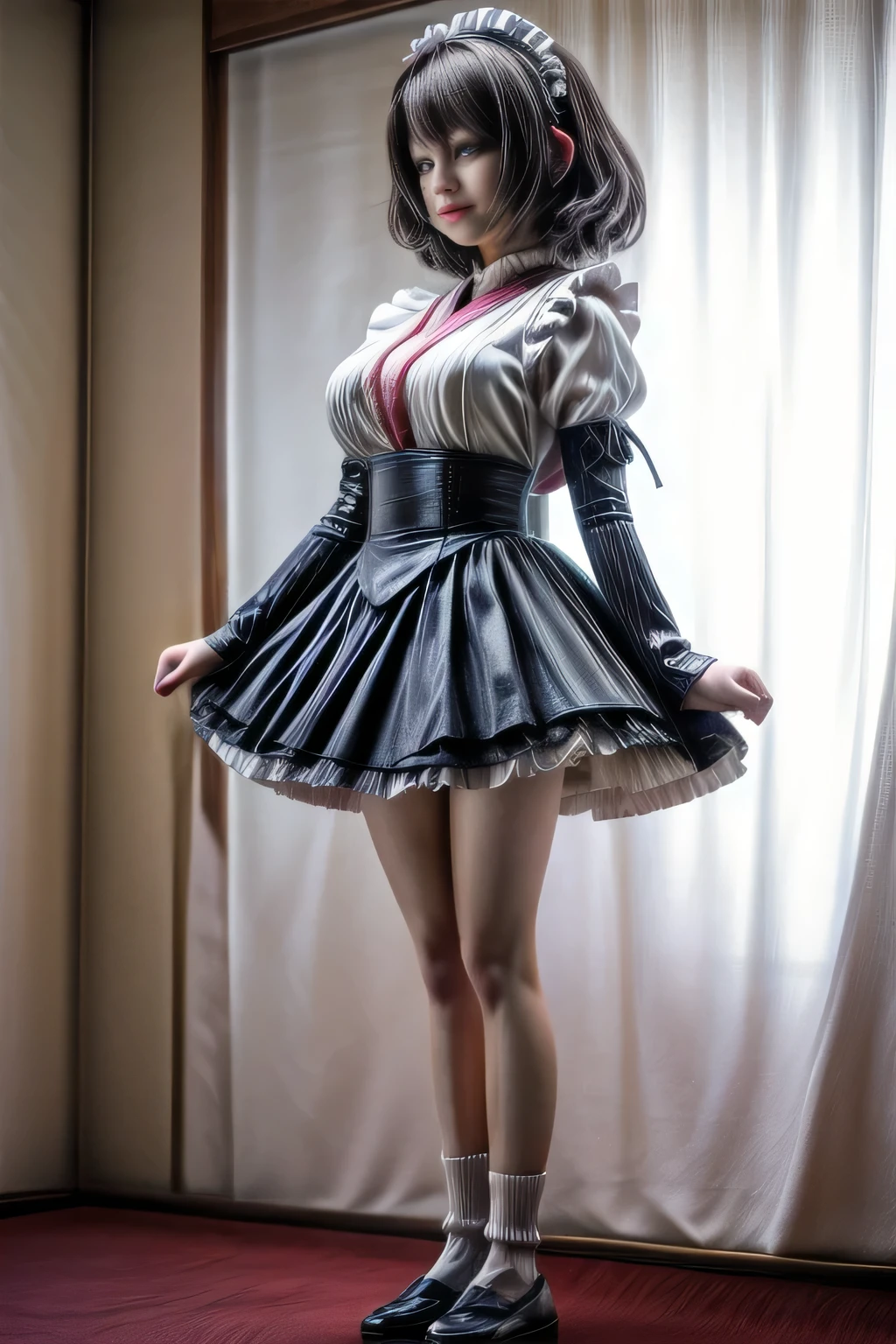 japanese milf wearing shot sleeve middle skirt Maid Outfit, standing, full body shot