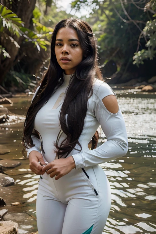 a woman with long hair and a white jumpsuit standing in a body of water, Loba Andrade de Apex Legends, beautiful city only black women, foto completa, curvas!!, na floresta, tessa thompson inspirada, pingando, Athletic Bodybuilding, Edmonia Lewis, desirable