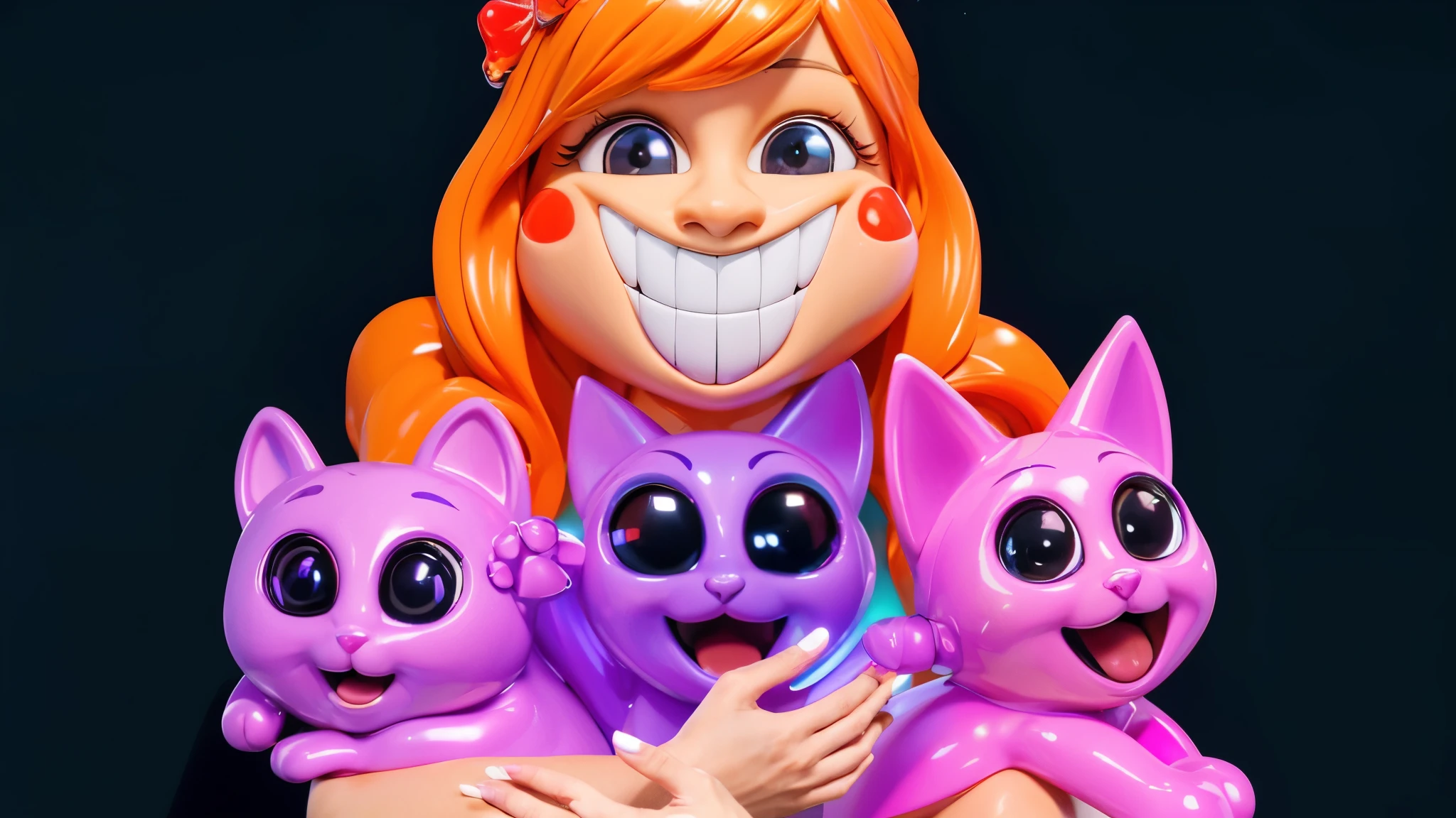 3d style, simplified design, 3d render, glossy texture, smooth 3d model, multiple light sources, rim light, sharp post effects render, (glossy plastic texture with multiple big light probe refractions), perfect cgi, smooth silhouette, high intensity refraction, (super glossy material), most beautiful vfx , blue background, plastic refractions, realistic, 4k, high resolution, rim light, photo shoot, commercial photo, profile shot, 4k, rim light, high resolution, 4k, glossy texture, smooth 3d model, multiple light sources, rim light, sharp post effects render, (glossy metallic texture with multiple big light probe refractions), perfect cgi, cgi art created only with gradients, smooth silhouette, high intensity refraction, (super glossy chrome material), most beautiful vfx, blue background, chrome metal refractions, multiple light sources, rim light, sharp post effects render, perfect cgi, digital art, detailed digital art, reflective, best quality, 4k, masterpiece:1.2, ultra-detailed, realistic, vivid colors, dark and moody lighting, The image of the highest quality, ensuring every detail is showcased perfectly. It in 4k resolution, allowing viewers to immerse themselves in the richness of the colors and intricate details. The realistic rendering. under the spotlight, reflecting, high-resolution image, realistic rendering, dark background, and rim light photorealistic The image features three characters standing in front of three houses. The characters are a red-haired mermaid, a purple cat, and an orange dog. They are each holding a yellow maraca