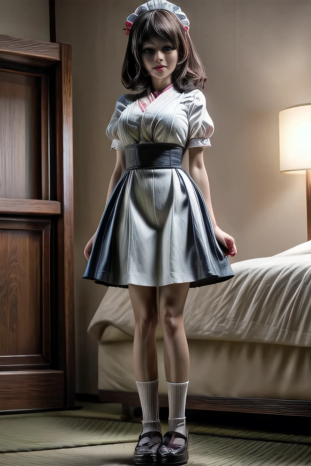 japanese milf wearing short sleeve long skirt Maid Outfit, standing, full body shot