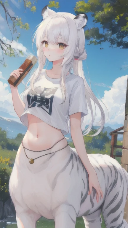 (best quality, masterpiece), 1 girl, centaur, It takes, hunting ,belly button t-shirt, 아름다운 소녀 perfect white tiger photo, perfect white tiger photo