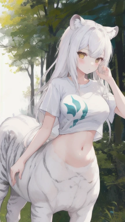 (best quality, masterpiece), 1 girl, centaur, It takes, White skin, Korean ,daughter,black pink, exposing the abdomen, belly button t-shirt , 아름다운 소녀 Perfect wild white tiger photo, Perfect wild white tiger photo