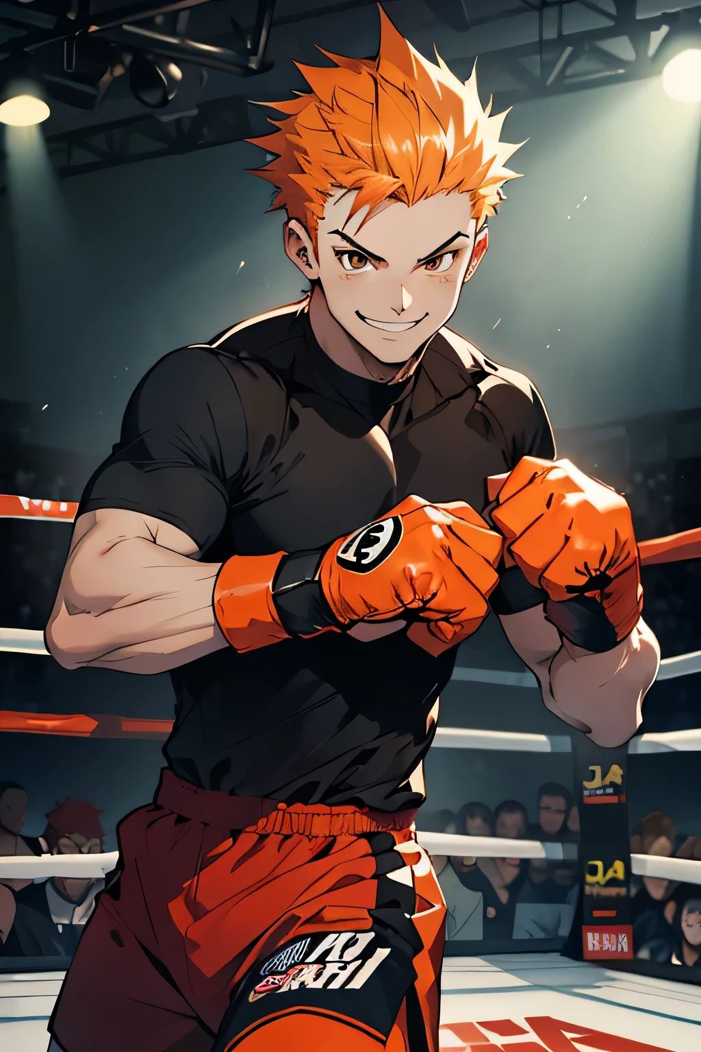 
man, white skin, smile, strong, orange spiky hair, anime style, style, dark brown eyes, slim, boxing gloves, athletic, black shirt, boxing ring