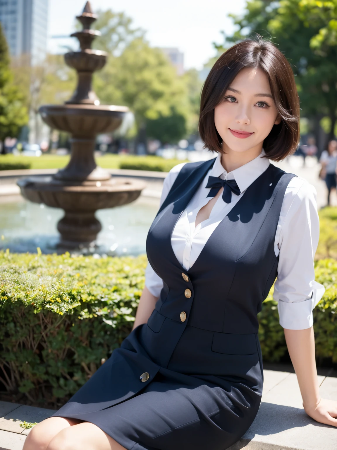 最high quality, In 8K, Masseter region, Vibrant, Sharp focus, high quality, High resolution, Detailed face, fine grain, Thick lips, (Looking at the audience), alone, Beautiful woman, 38 years old, Japanese women, （Short black hair:1.4）、（Bob Hair:1.4）, Cleavage, Lunch break、Large city park、Green Grass、In front of a big fountain、（sitting on a park bench:1.3）、（Full body photo:1）、（Japanese women）、（Mitsubishi Bank uniform:1.8）, （She is wearing a dark blue vest over a white blouse:1.5）, The vest has three gold buttons, （red, Blue and white ribbon around neck）、（Knee-length dark blue skirt）、（Black pumps:1.5）、（red lipstick:1）、（smile:1.3）、（standard body type）、（D cup breasts）