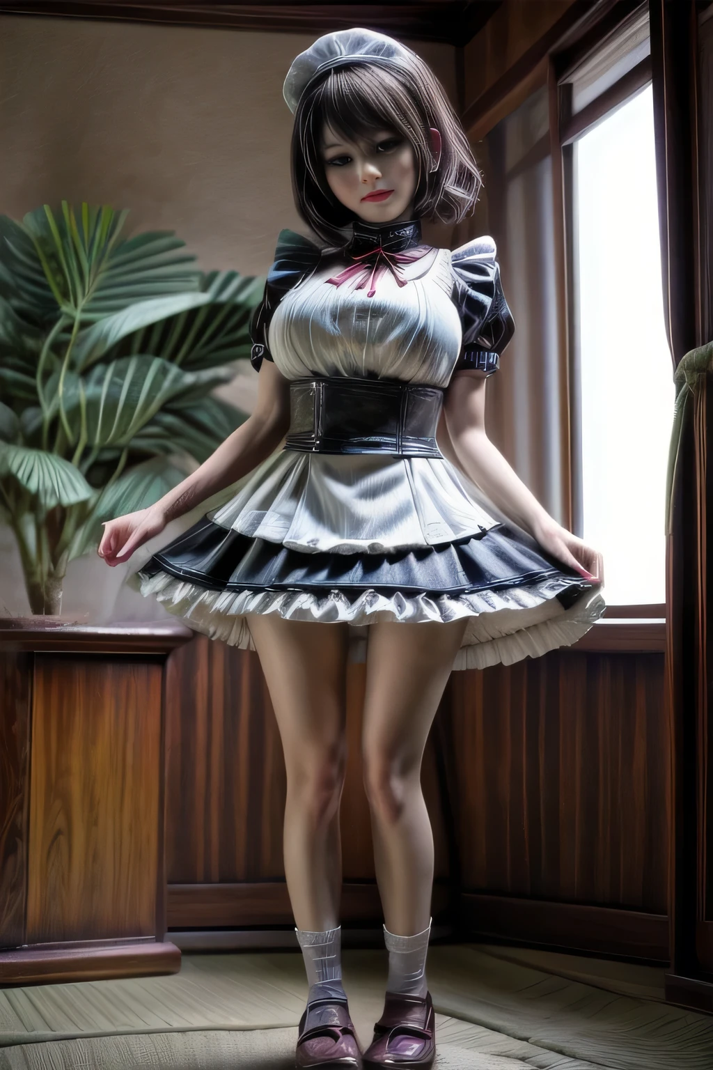 japanese milf wearing Maid Outfit,  mini skirt , short sleeve tops, standing, full body shot