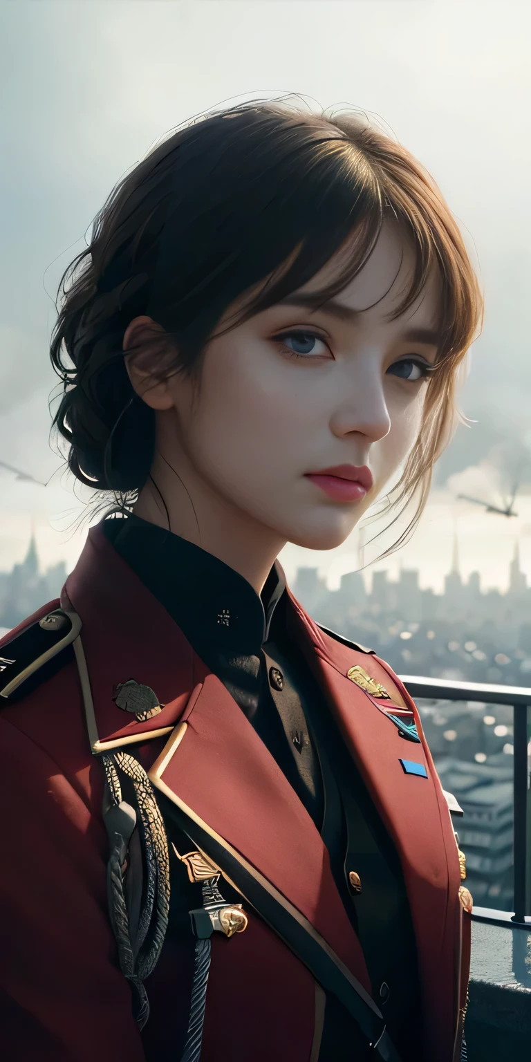 (1girl:1.3), Solo, (((Very detailed face)))), ((Very detailed eyes and face)))), Beautiful detail eyes, Body parts__, Official art, Unified 8k wallpaper, Super detailed, beautiful and beautiful, beautiful, masterpiece, best quality, original, masterpiece, super fine photo, best quality, super high resolution, realistic realism, sunlight, full body portrait, amazing beauty, dynamic pose, delicate face, vibrant eyes, (from the front), She wears German army uniform, red and black color scheme, spider, very detailed city roof background, rooftop, overlooking the city, detailed face, detailed complex busy background, messy, gorgeous, milky white, highly detailed skin, realistic skin details, visible pores, clear focus, volumetric fog, 8k uhd, DSLR, high quality, film grain, fair skin, photo realism, lomography, futuristic dystopian megalopolis, translucent
