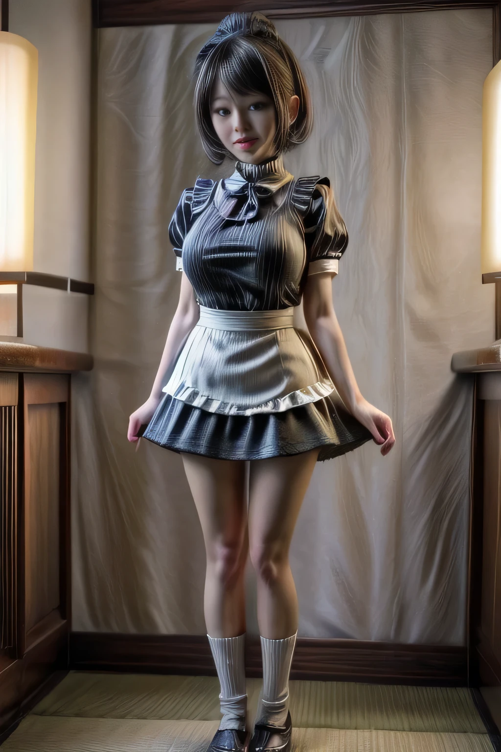 japanese milf wearing Maid Outfit, mini skirt , short sleeve tops, standing, full body shot
