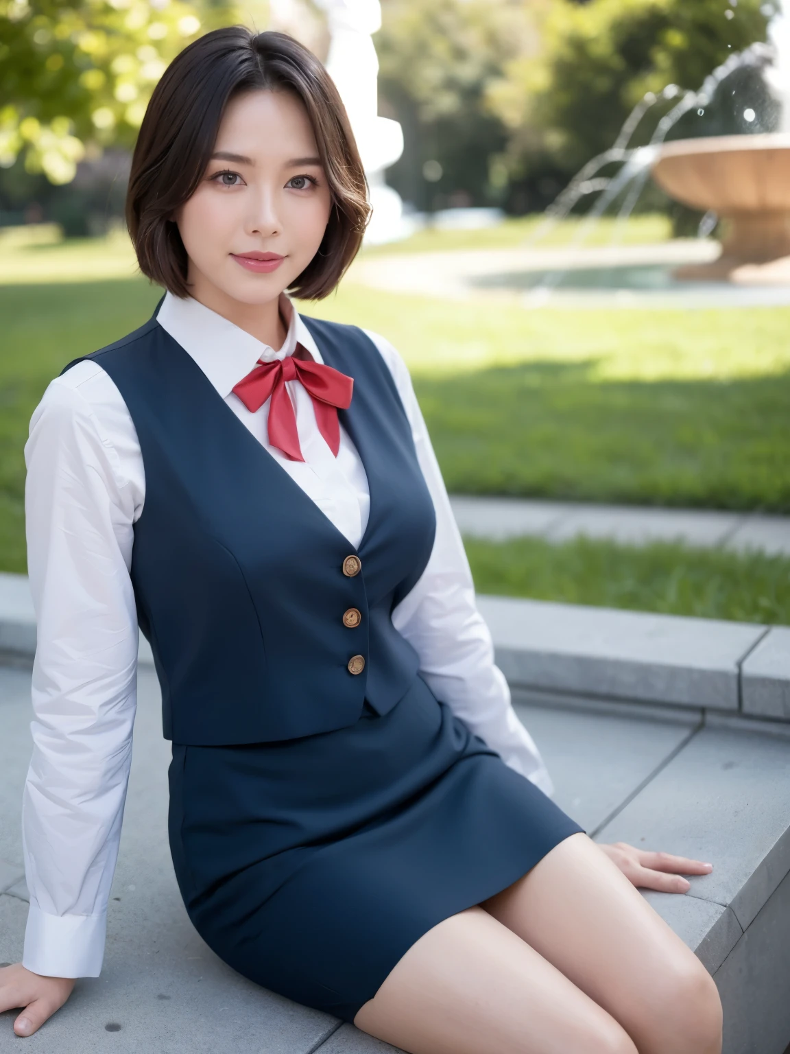 最high quality, In 8K, Masseter region, Vibrant, Sharp focus, high quality, High resolution, Detailed face, fine grain, Thick lips, (Looking at the audience), alone, Beautiful woman, 38 years old, Japanese women, (Short black hair:1.4)、(Bob Hair:1.4), Cleavage, Lunch break、Large city park、Green Grass、In front of a big fountain、(sitting on a park bench:1.3)、(Full body photo:1)、(Japanese women)、(Mitsubishi Bank uniform:1.8), (wearing a dark 青 vest over a white blouse:1.5), The vest has three gold buttons, (Red, blue and white ribbon around his neck)、(Knee-length dark blue skirt)、(Black pumps:1.5)、(Red lipstick:1)、(smile:1.3)、(standard body type)、(D cup breasts)