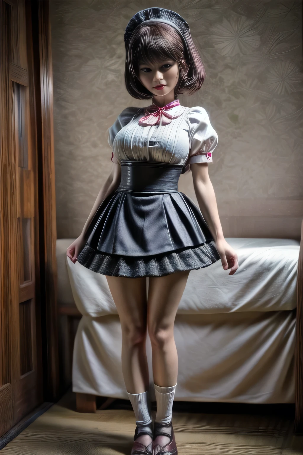 japanese milf wearing Maid Outfit,  mini skirt , short sleeve tops, standing, full body shot