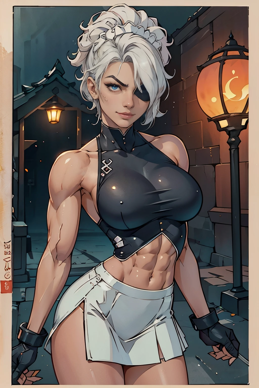 Maid clothesを着た美しいサイボーグの女性兵士、Short white hair、Muscular、Six Pack Abs、（Frills、mini skirt、Maid clothes：1.9）、Facial blemishes、Eye patch、（Engage in a gunfight with space gangsters：1.5）、Smirking expression、Dynamic configuration、detailed、Photorealistic、8k、High resolution、超detailed、Cinematic lighting、Dramatic colors、SF、Concept Art