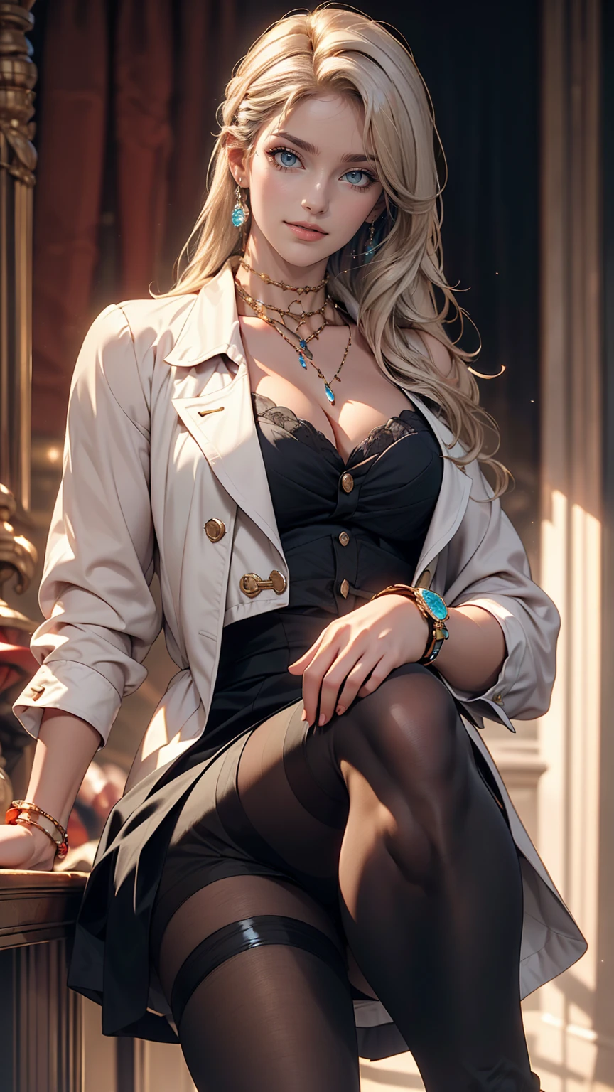 (8K, RAW Photos, highest quality, masterpiece:1.2), (Realistic, photo-Realistic:1.37)、Earrings, eyelash, pantyhose、セクシーな刺激的なsmile、 (Shiny skin:1.05)、Venus Body、Having her hair done、My chest is popping out、Wear accessories on your wrist、Wearing accessories on the ankle、Background blur((depth of field)、smile、23 year old white female、Silver Hair、long hair、blue eyes、Heroine of Jane Austen&#39;s novel、Emma、Empire waist and cap sleeve dress