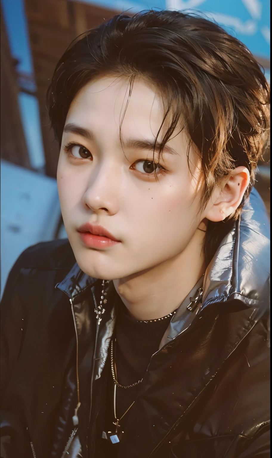 Close up of person wearing black jacket and necklace, Linus, Lee Minho, Minho, Linus, Minho Stray Kids, Linus, Minho, inspirado em Linus, Minho do Stray Kids aesthetic, 이Minho, I know this type, cute and pale korean face, bad boy, Linus, Profile photo with headshot