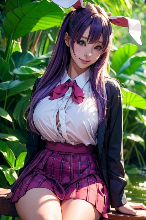 sit in tropical rainforest , steam , waistband of skirt is at the point above chest , plaid skirt , pleated skirt , Tight shirt , white Shirt , school girl , skirt under breasts , skirt is near breasts area , skirt is adjacent to the chest , (masterpiece, best quality, hires, high resolution:1.2, 4k, 8k , high quality), extremely detailed, realistic, intricate details, highres, 1girl, solo, ( , thick thighs, wide hips), arched back,(cinematic lighting, sunlight, perfect lighting, backlighting), eye-level shot, extreme close-up-shot, looking at viewer, , green skirt nakano_yotsuba_ecsta, blue eyes, orange hair, hair ribbon, nakano yotsuba , twin tails hair, green ribbon, hair between eyes , masterpiece, best quality, 1girl,smile,reisen udongein inaba, purple hair,very , twin tails long hair, rabbit ears, red eyes,black jacket,pink skirt,necktie,