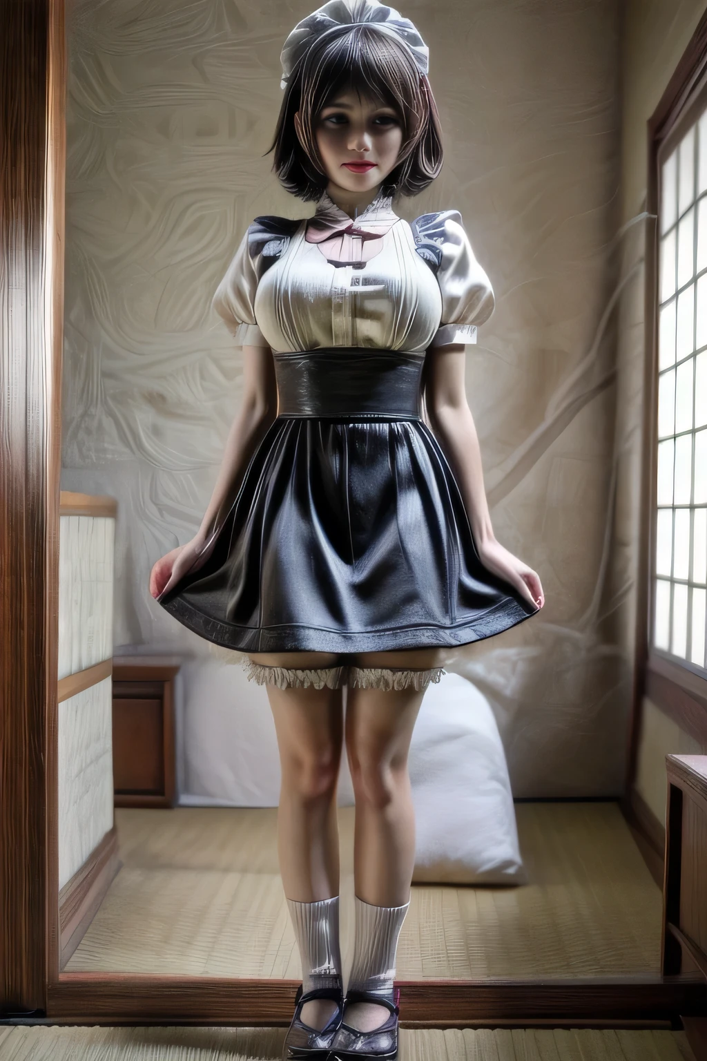 japanese milf wearing Maid Outfit, microskirt , short sleeve tops, standing, full body shot