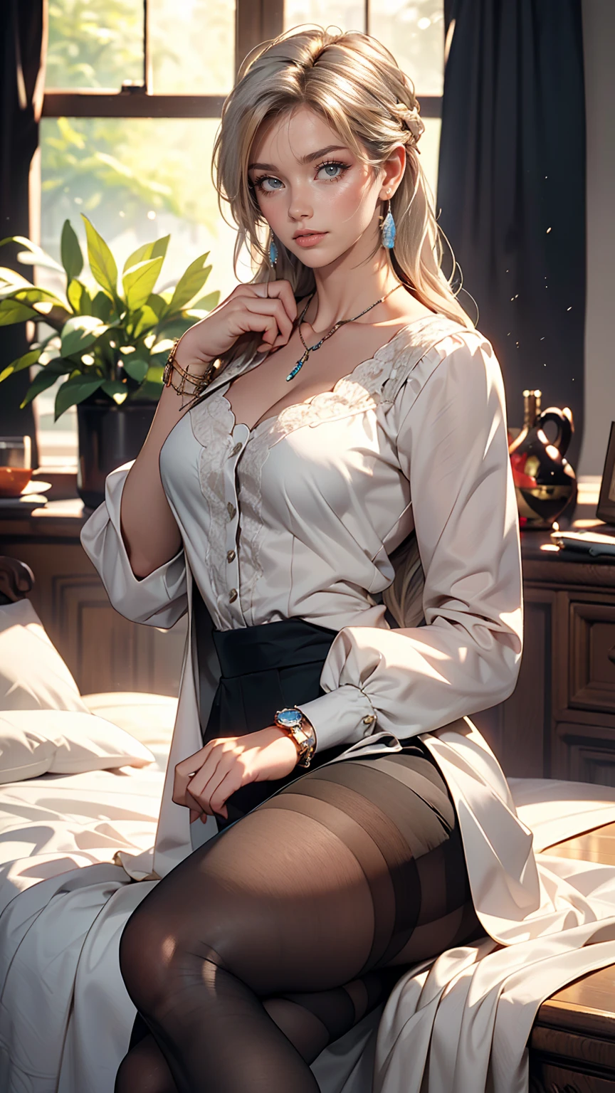 (8K, RAW Photos, highest quality, masterpiece:1.2), (Realistic, photo-Realistic:1.37)、Earrings, eyelash, pantyhose、セクシーな刺激的なsmile、 (Shiny skin:1.05)、Venus Body、Having her hair done、My chest is popping out、Wear accessories on your wrist、Wearing accessories on the ankle、Background blur((depth of field)、smile、23 year old white female、Silver Hair、long hair、blue eyes、Heroine of Jane Austen's novel、Emma、Empire waist and cap sleeve dress