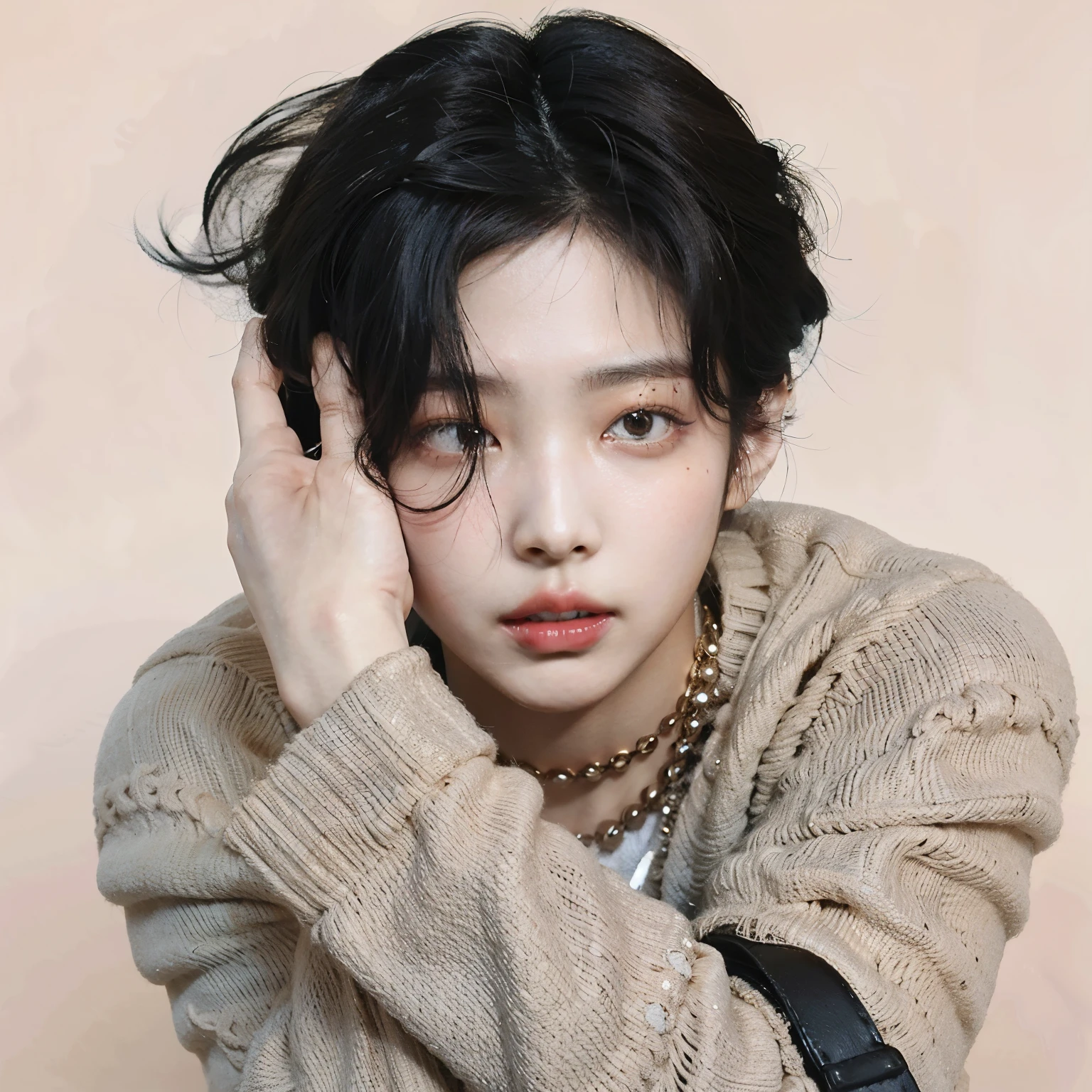 Closeup of person with hand on head, Jaehyun Jeong, black hair shine, Kai Xukun, Taejun Kim, Doyoung Kim, Jinyoung Shin, Hyuntae, Junhyung Hong, sakimichan, pale korean lovely face, smart ulzzang, Yanjun Chengt, beautiful androgynous prince, a delicate androgynous prince