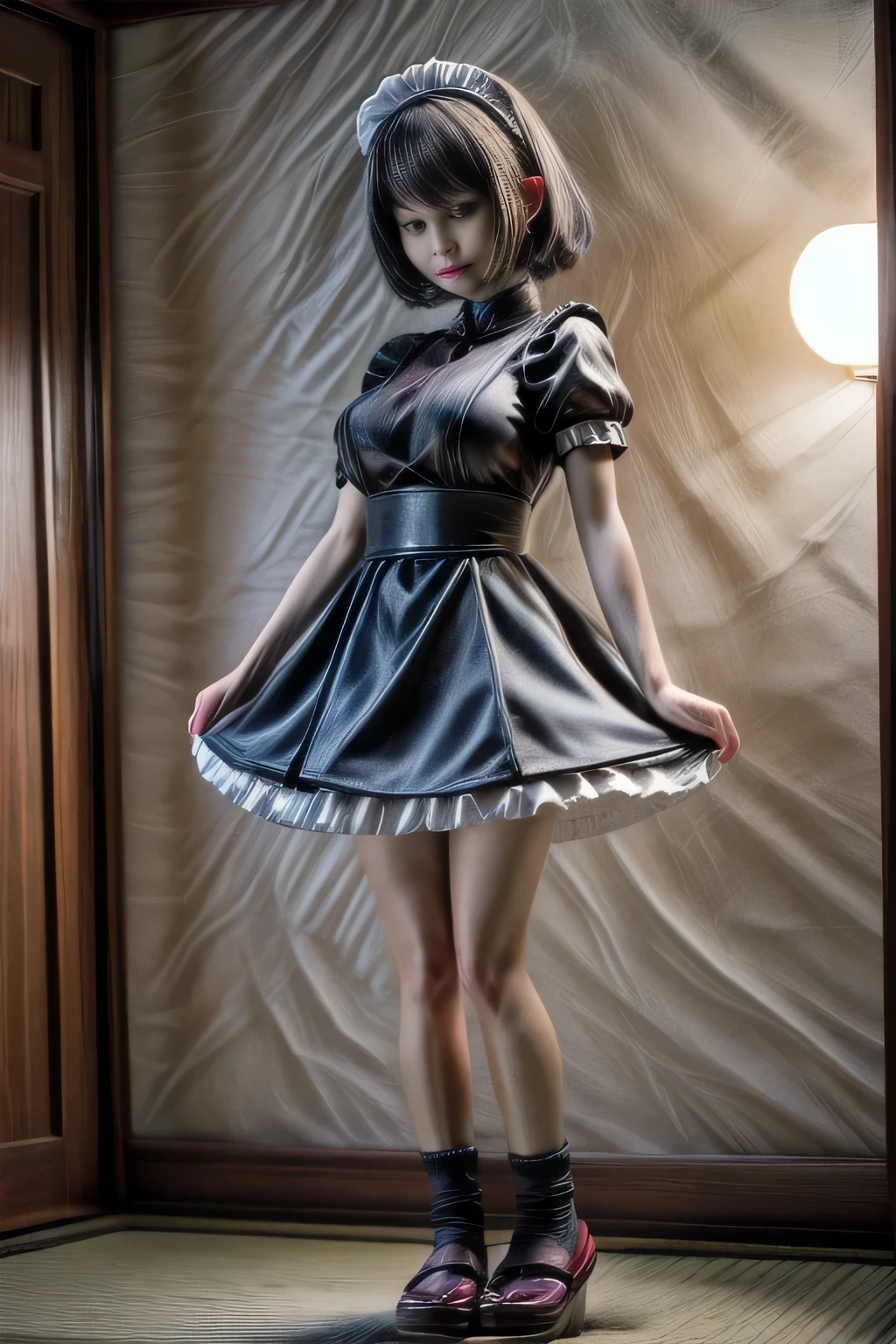 japanese milf wearing Maid Outfit, microskirt , short sleeve tops, standing, full body shot