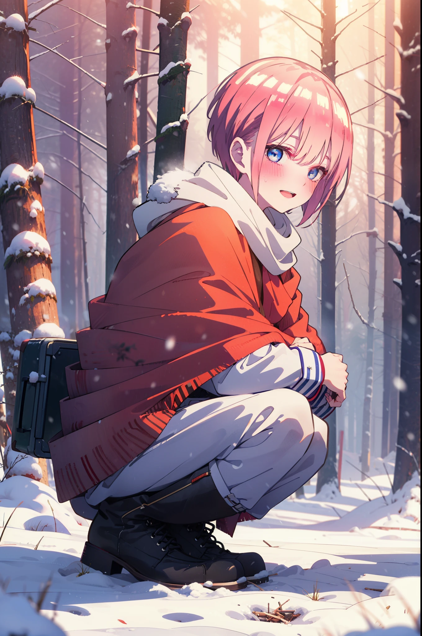 ichikanakano, ichika nakano, short hair, bangs, blue eyes, Hair between the eyes, smile,Pink Hair,smile,blush,White Breath,
Open your mouth,snow,Ground bonfire, Outdoor, boots, snowing, From the side, wood, suitcase, Cape, Blurred, Increase your meals, forest, White handbag, nature,  Squat, Mouth closed, フードed Cape, winter, Written boundary depth, Black shoes, red Cape break looking at viewer, Upper Body, whole body, break Outdoor, forest, nature, break (masterpiece:1.2), highest quality, High resolution, unity 8k wallpaper, (shape:0.8), (Beautiful and beautiful eyes:1.6), Highly detailed face, Perfect lighting, Highly detailed CG, (Perfect hands, Perfect Anatomy),