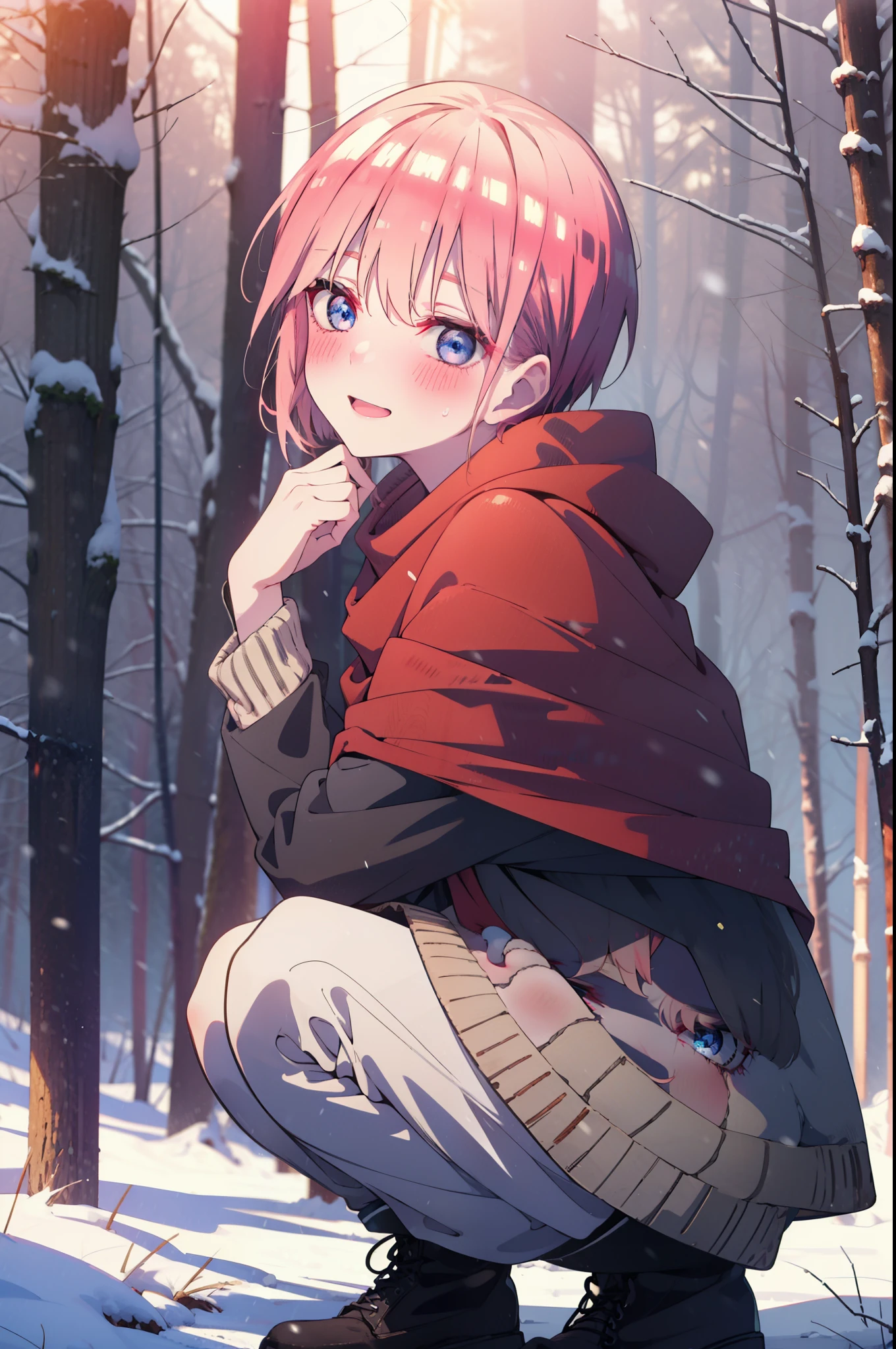 ichikanakano, ichika nakano, short hair, bangs, blue eyes, Hair between the eyes, smile,Pink Hair,smile,blush,White Breath,
Open your mouth,snow,Ground bonfire, Outdoor, boots, snowing, From the side, wood, suitcase, Cape, Blurred, Increase your meals, forest, White handbag, nature,  Squat, Mouth closed, フードed Cape, winter, Written boundary depth, Black shoes, red Cape break looking at viewer, Upper Body, whole body, break Outdoor, forest, nature, break (masterpiece:1.2), highest quality, High resolution, unity 8k wallpaper, (shape:0.8), (Beautiful and beautiful eyes:1.6), Highly detailed face, Perfect lighting, Highly detailed CG, (Perfect hands, Perfect Anatomy),