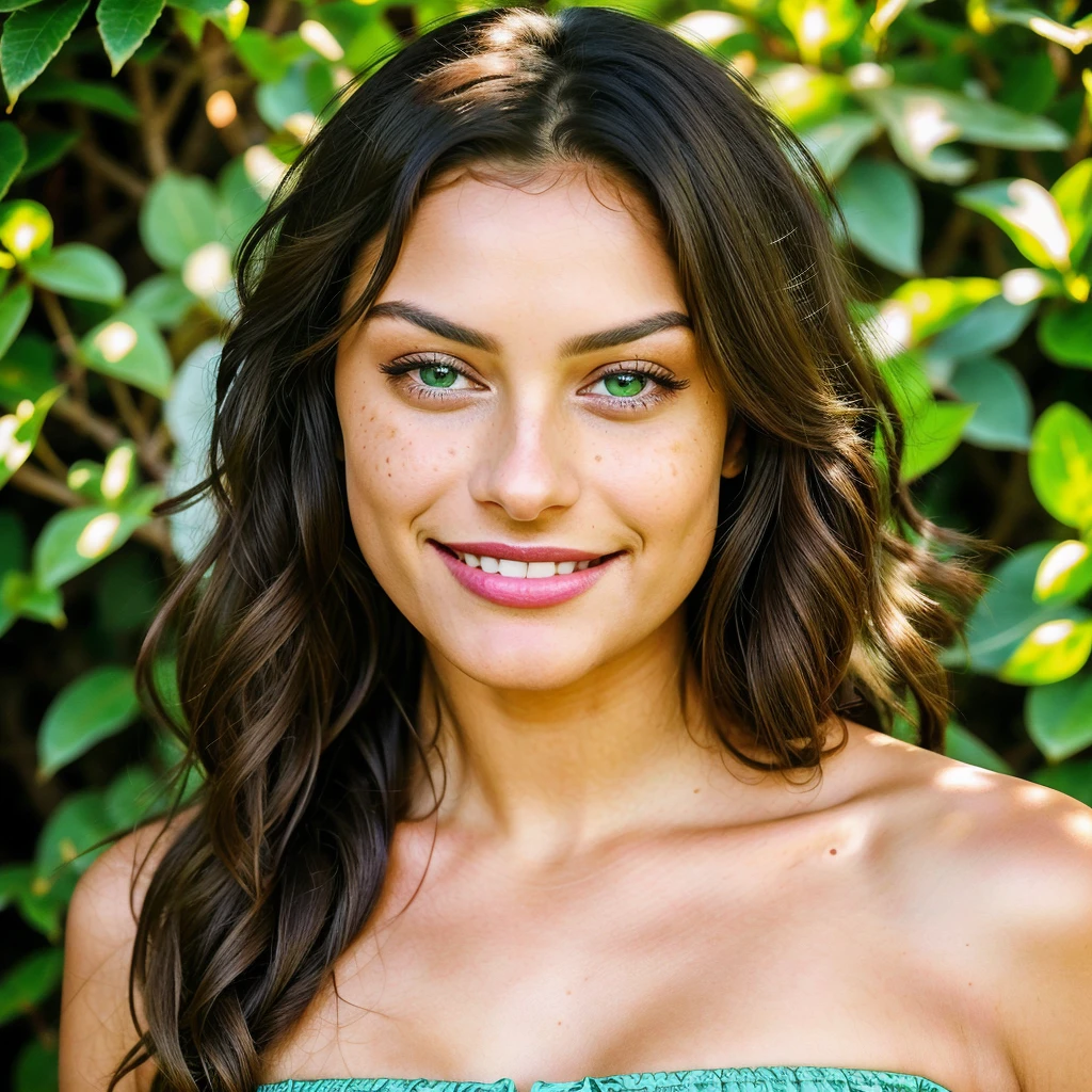 Colombian brunette with captivating green eyes and a cheerful, loving smiley face. She radiates warmth and joy, capturing the essence of pure happiness. Her luscious dark hair cascades down her shoulders, framing her beautiful face. The details in her eyes are incredibly intricate, with a depth that draws you in. Shot on a high-resolution camera, every strand of hair, freckle, and dimple is captured with perfect clarity. The vibrant colors of her image, from the bright blues of her eyes to the rich brown hues of her hair, are enhanced by professional post-processing techniques. The result is a photorealistic masterpiece that showcases the beauty and vivacity of this stunning Colombian beauty.