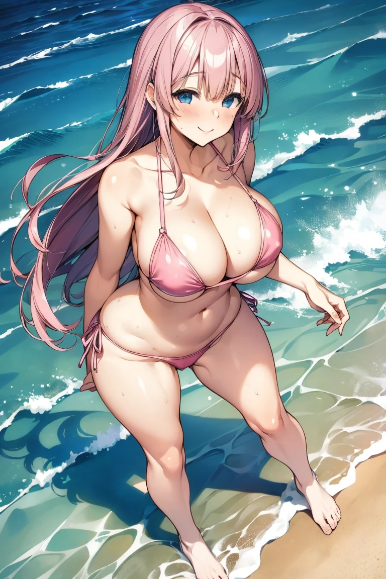 ((masterpiece)),(highest quality),(((Full Body Shot))),Realistic, beautiful japanese gal photos, 21yo, Upper Shot, Average milk, Cleavage, Wear something shiny (Pink Bikini), Big, reflective blue eyes, Shiny pink hair, just smile, Sunset Beach, Ocean, Splashed water,