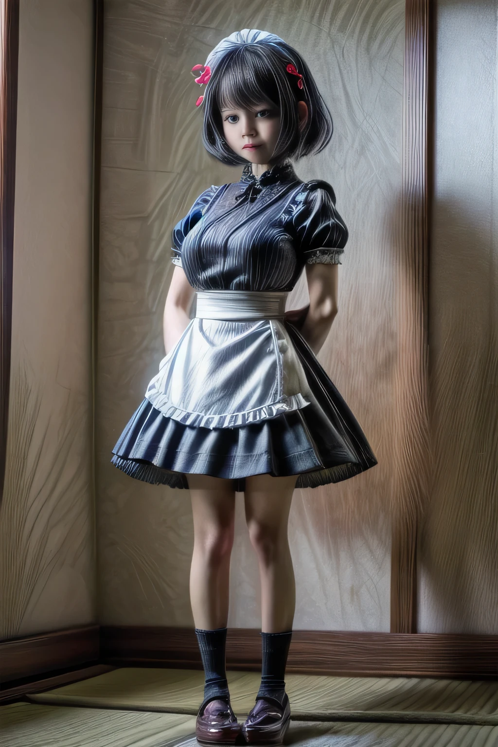 japanese milf wearing Maid Outfit, microskirt , short sleeve tops, standing, full body shot