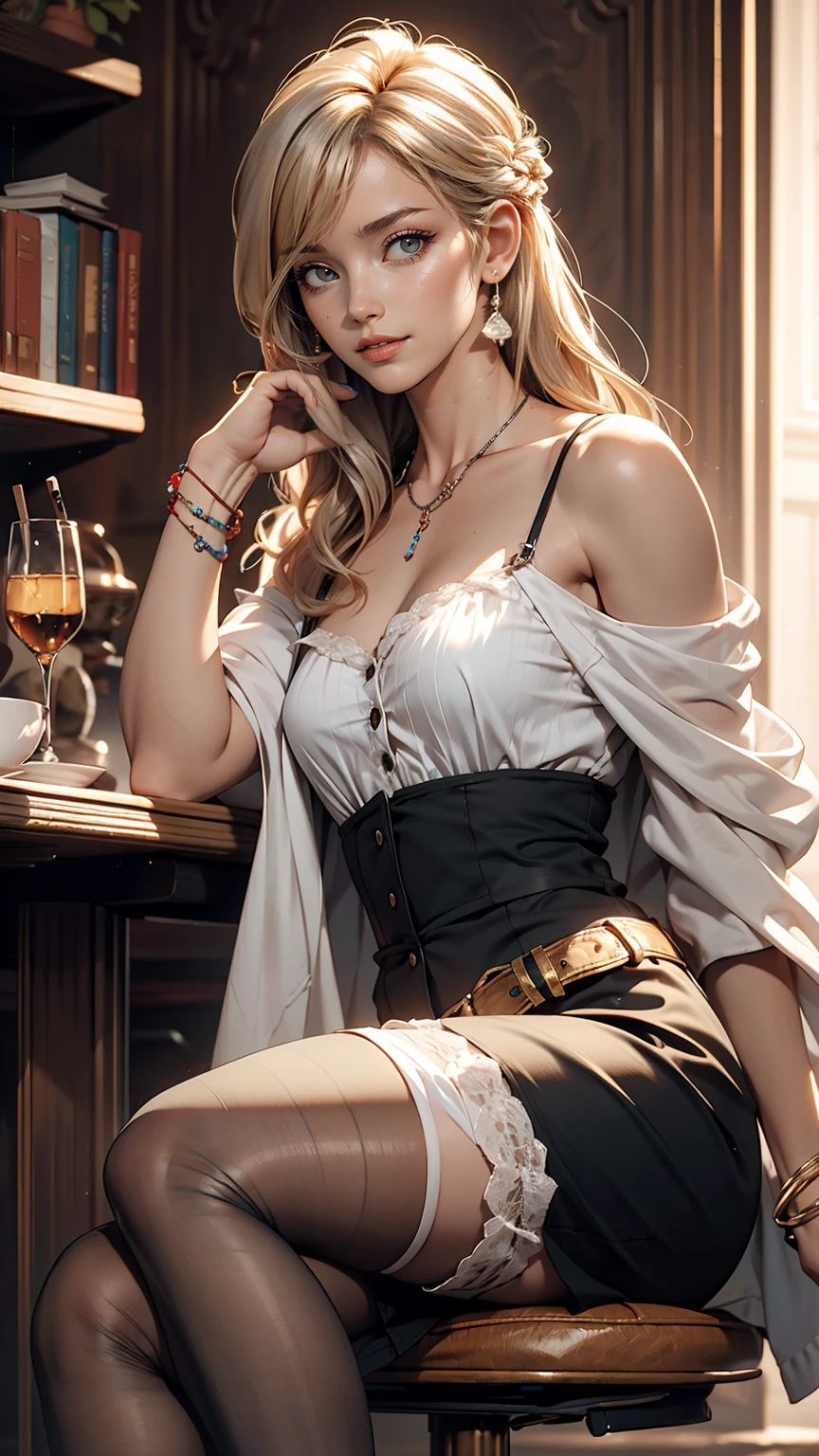 (8K, RAW Photos, highest quality, masterpiece:1.2), (Realistic, photo-Realistic:1.37)、Earrings, eyelash, pantyhose、セクシーな刺激的なsmile、 (Shiny skin:1.05)、Venus Body、Having her hair done、My chest is popping out、Wear accessories on your wrist、Wearing accessories on the ankle、Background blur((depth of field)、smile、23 year old white female、Silver Hair、long hair、blue eyes、Heroine of Jane Austen&#39;s novel、Emma、Empire waist and cap sleeve dress